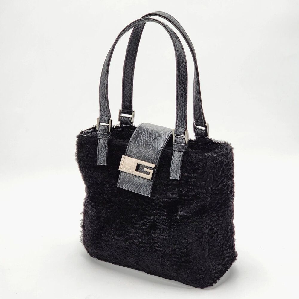 Guess Vintage Y2K G Logo Sherpa Fuzzy Snakeskin Mini Tote Bag Handbag Black HTF